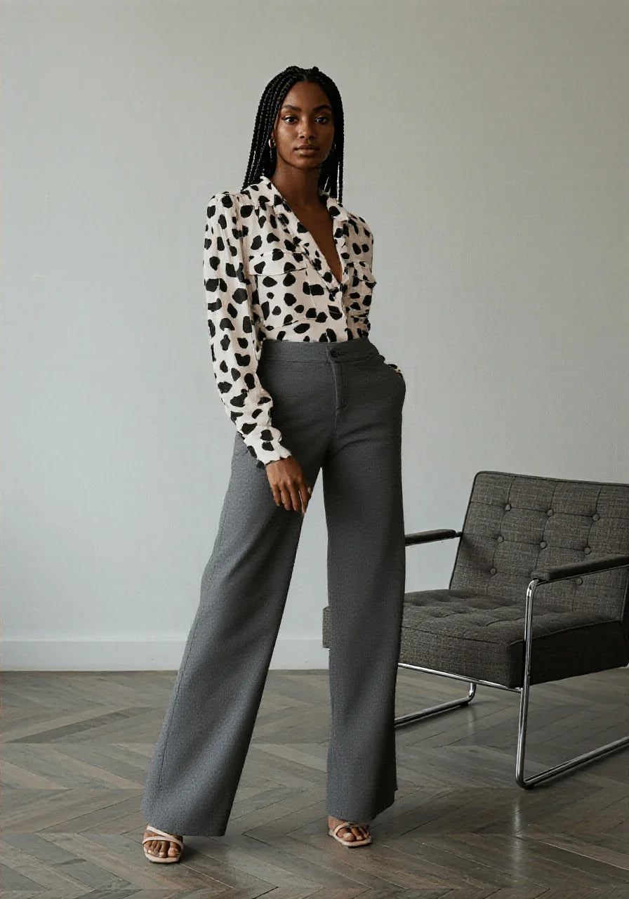 Woman in cow print blouse and gray wide-leg pants standing by a modern chair indoors
