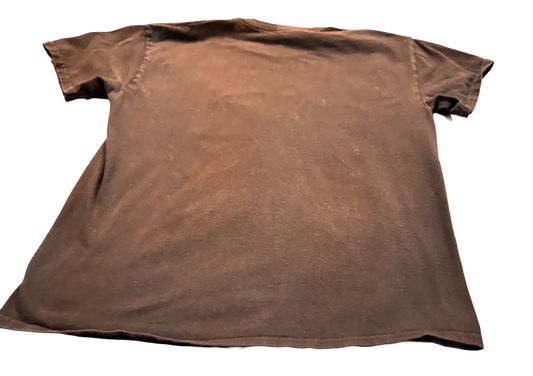Back of faded black vintage t-shirt with short sleeves and worn fabric texture