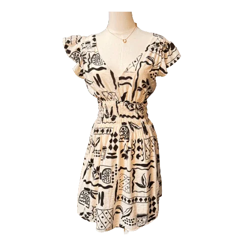 Black and white Blu Pepper dress with tribal print on mannequin, front view