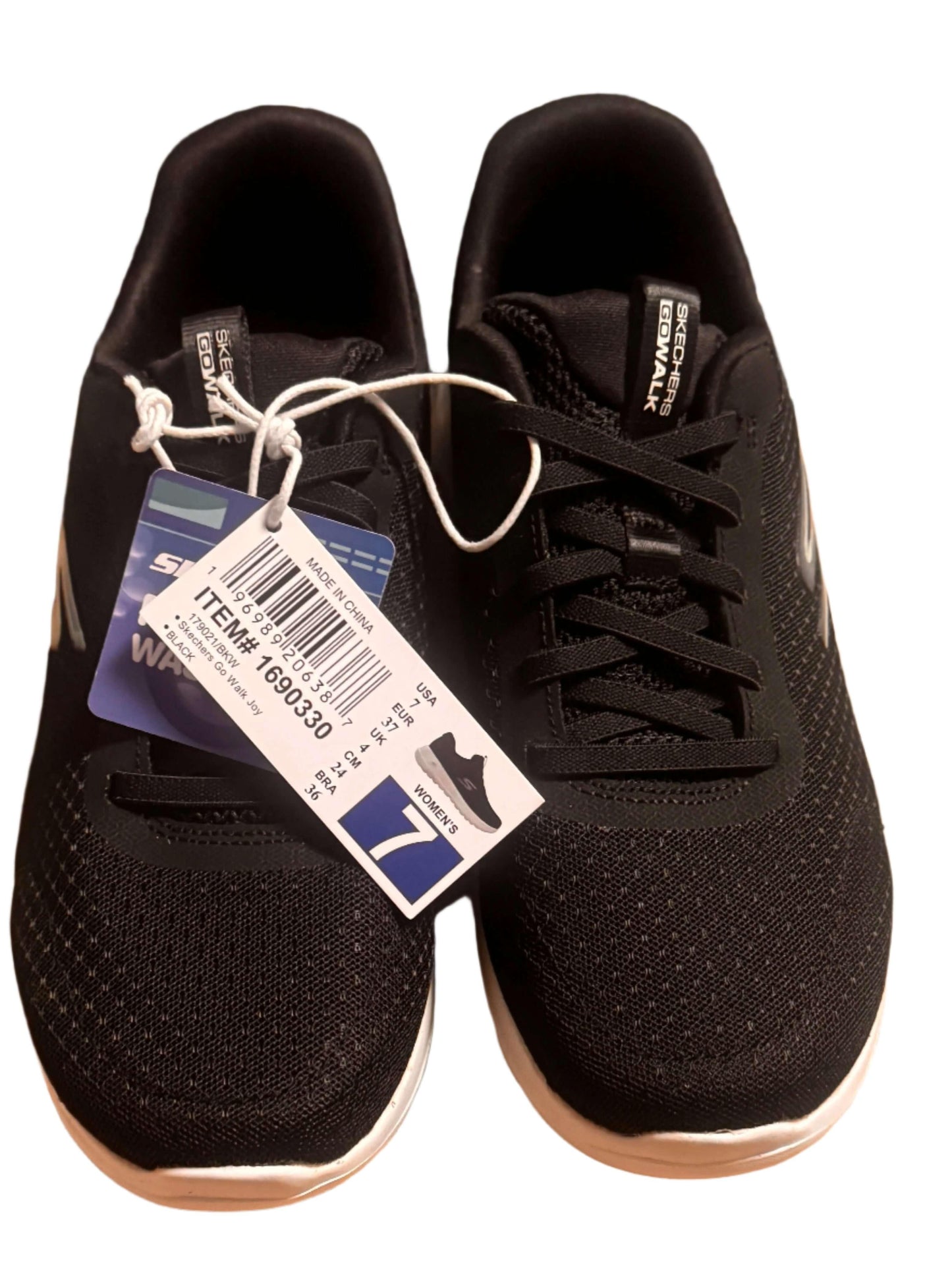 Skechers black women's walking shoes with tags, size 7, mesh upper, white sole