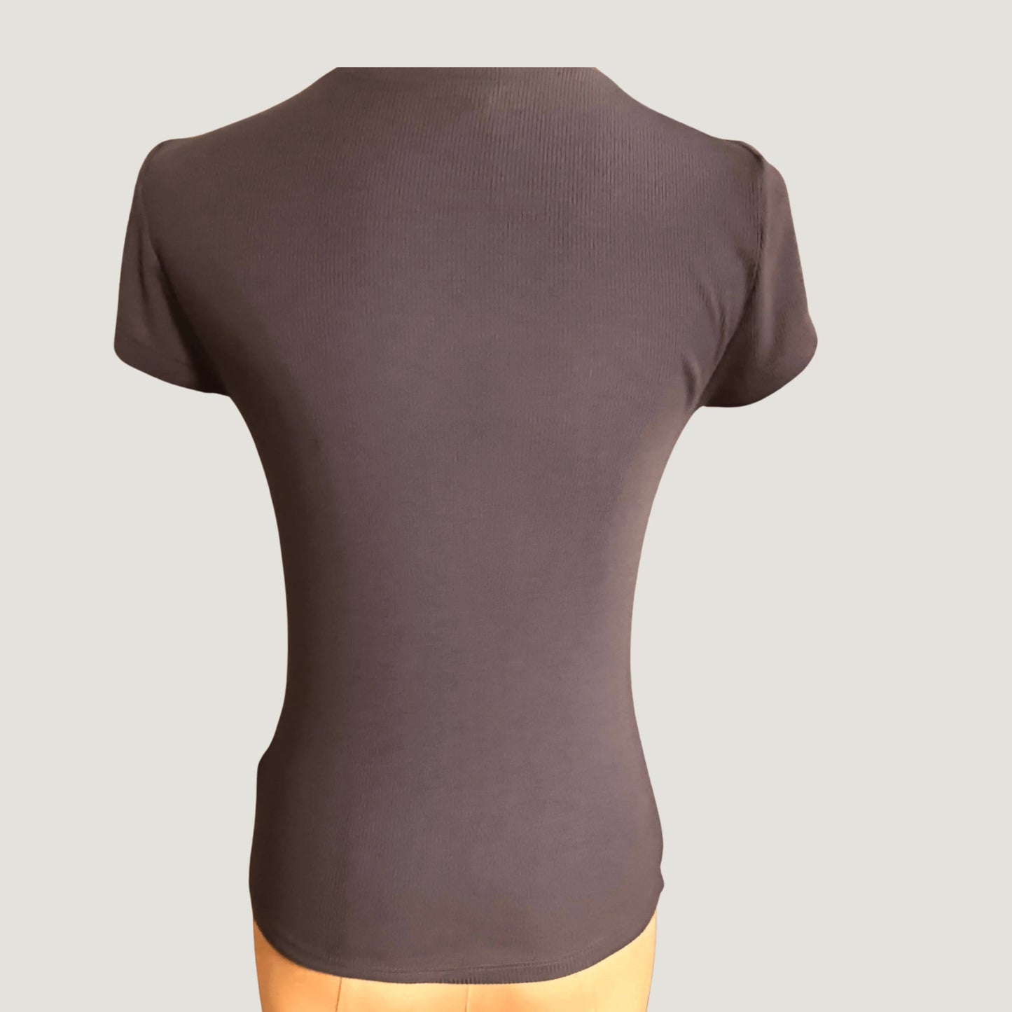 Back view of a fitted blue short sleeve women's top on a mannequin