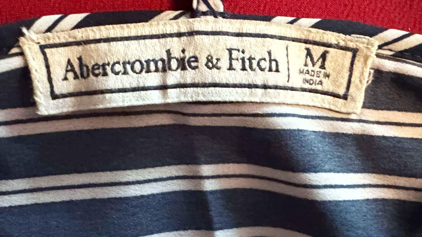 Abercrombie & Fitch striped shirt label, size M, Made in India, close-up view