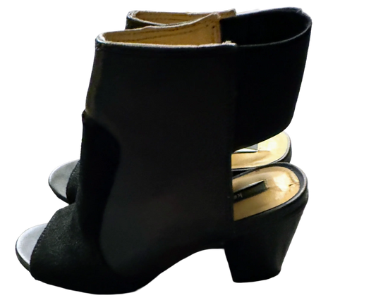 Black peep-toe block heel sandals with open back on a plain background