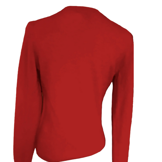 Back view of a bright red cashmere sweater with long sleeves on a plain background