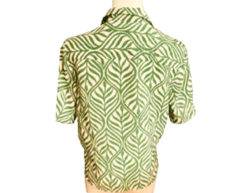 Back view of green and white short sleeve blouse with leaf print pattern