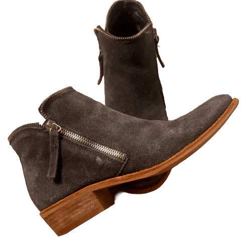 Dark gray suede ankle boots with side zippers and wooden heels, stylish footwear