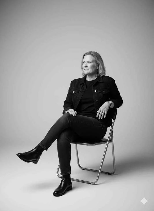 Woman in black denim jacket and boots sitting on chair in minimalist studio, black and white portrait
