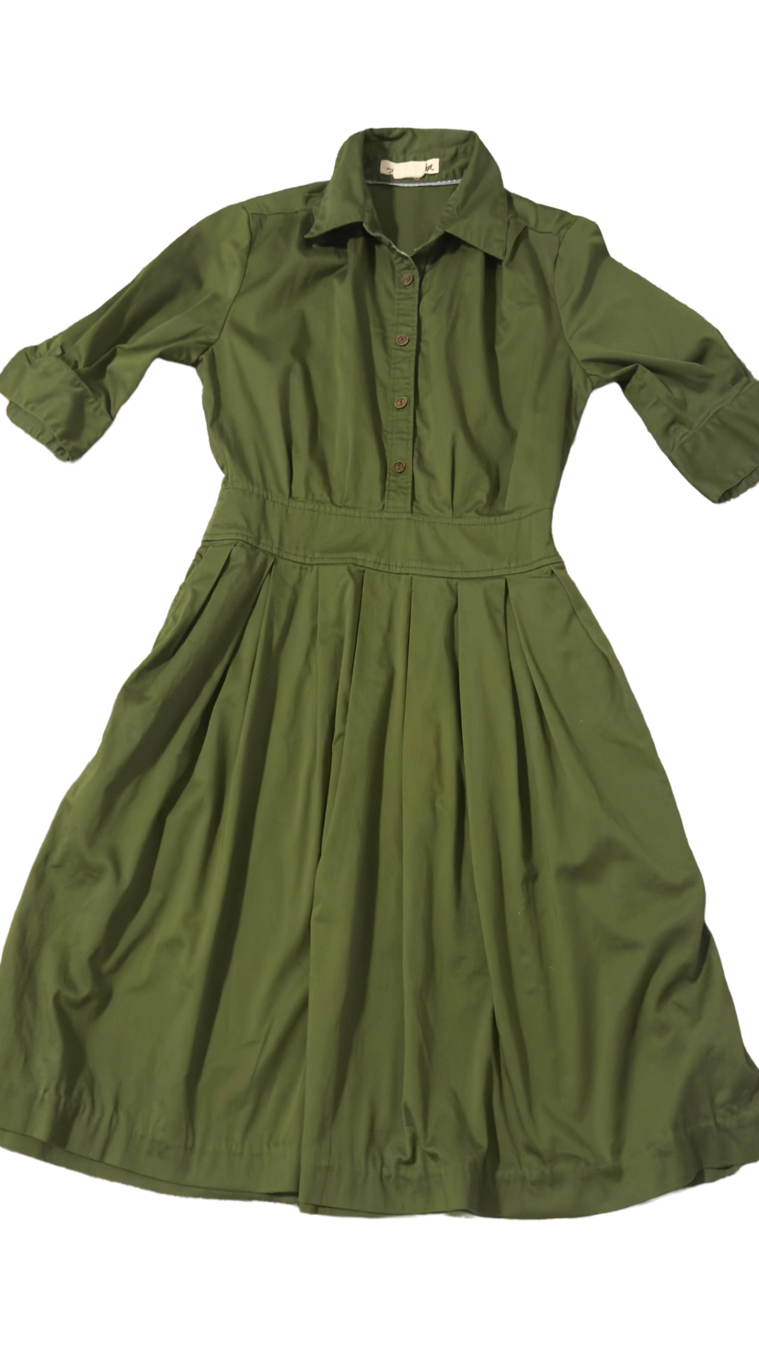 Olive green shirt dress with buttons, collared neckline, and pleated skirt