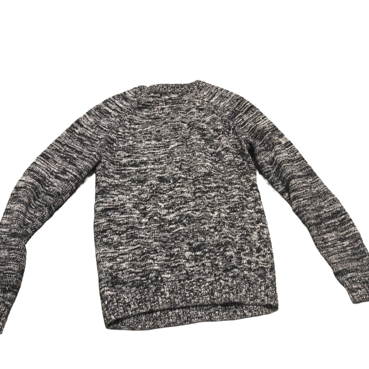 Grey and black marled knit sweater with long sleeves on black background