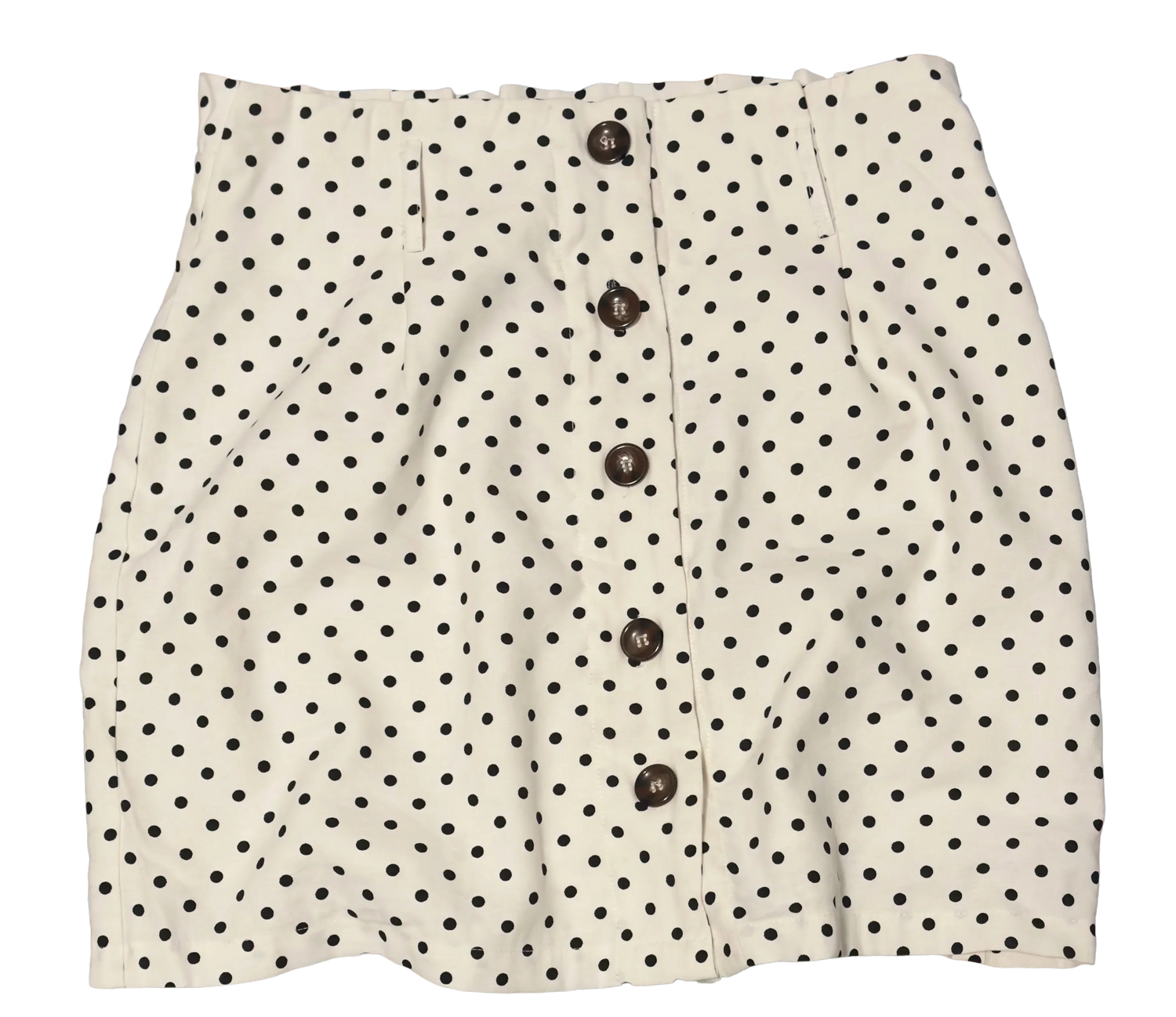 White women's skirt with black polka dots and front button closure