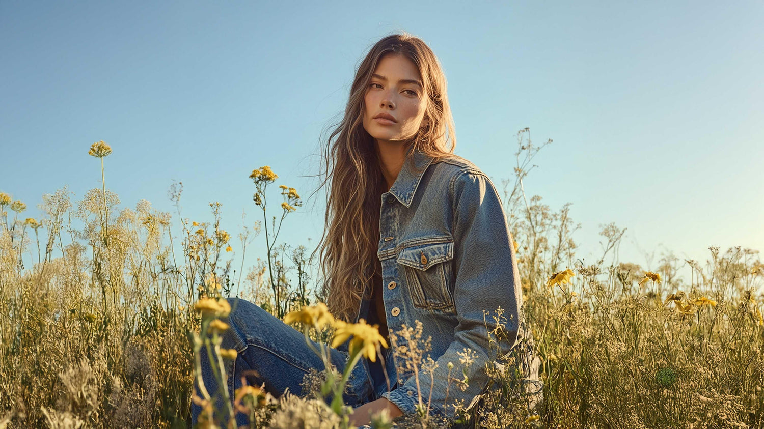 Woman in denim jacket sits in a wildflower field under clear blue sky, natural clothing style