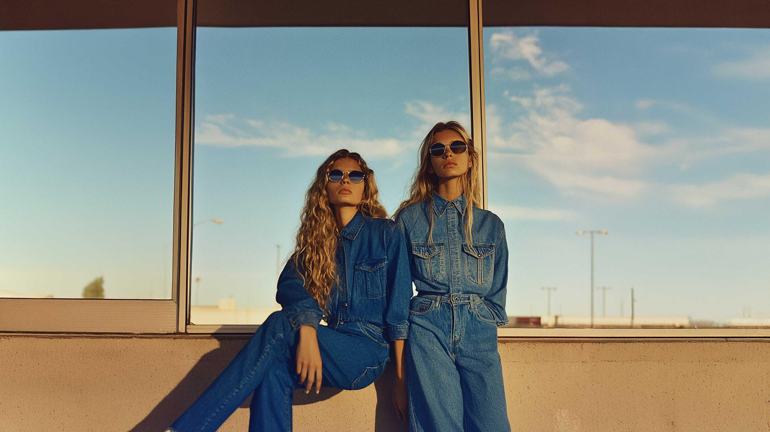 Two women in denim outfits and sunglasses posing outdoors against a window and blue sky