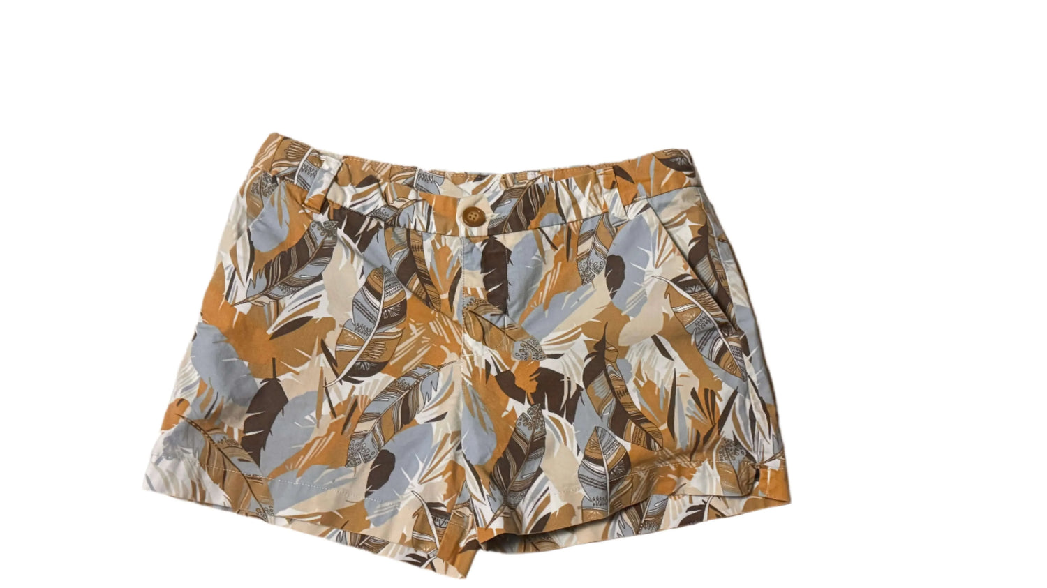 Leaf print jungle pattern shorts in brown, beige, and gray on white background