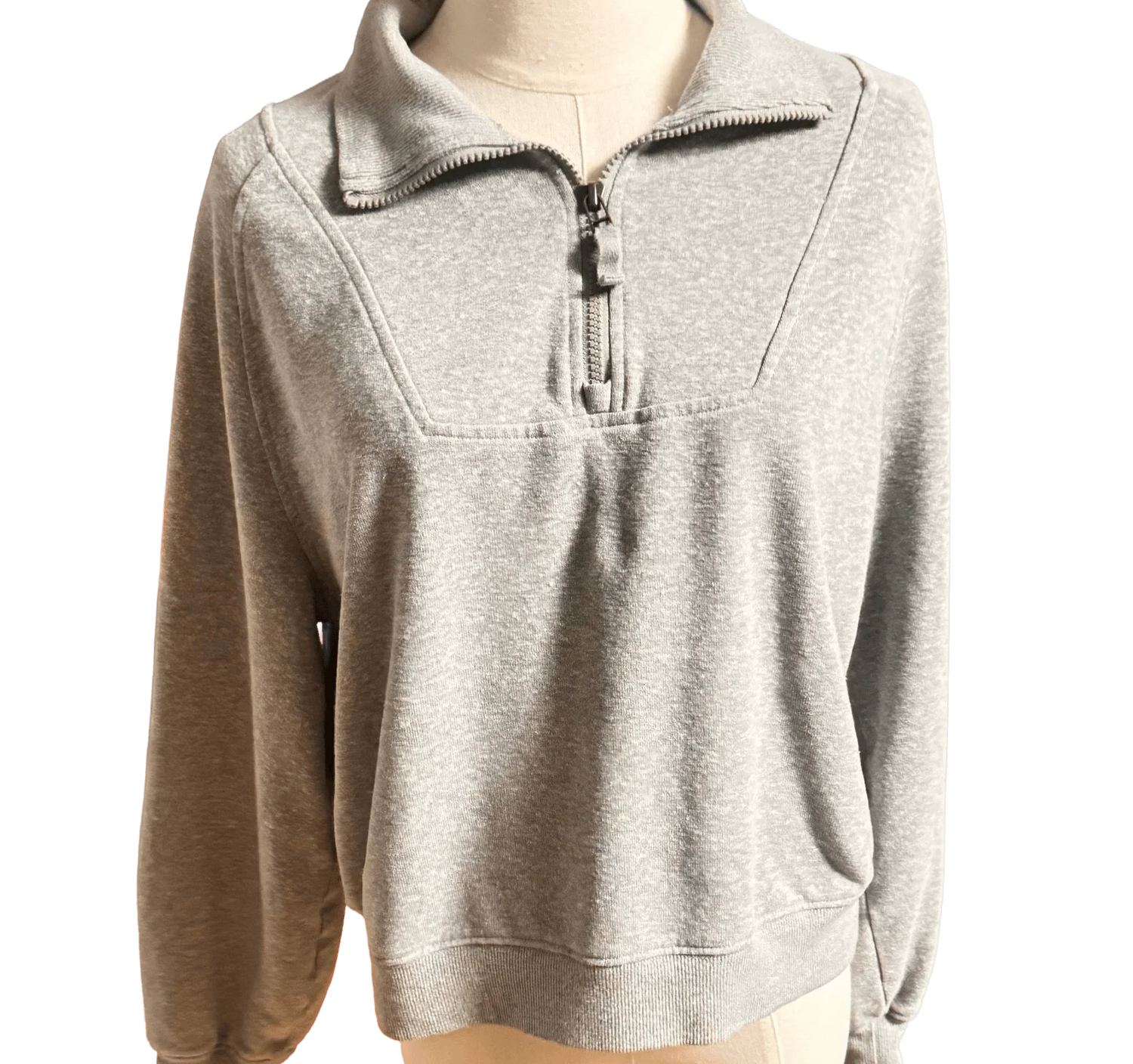 prAna gray pullover sweatshirt with half-zip collar on mannequin front view
