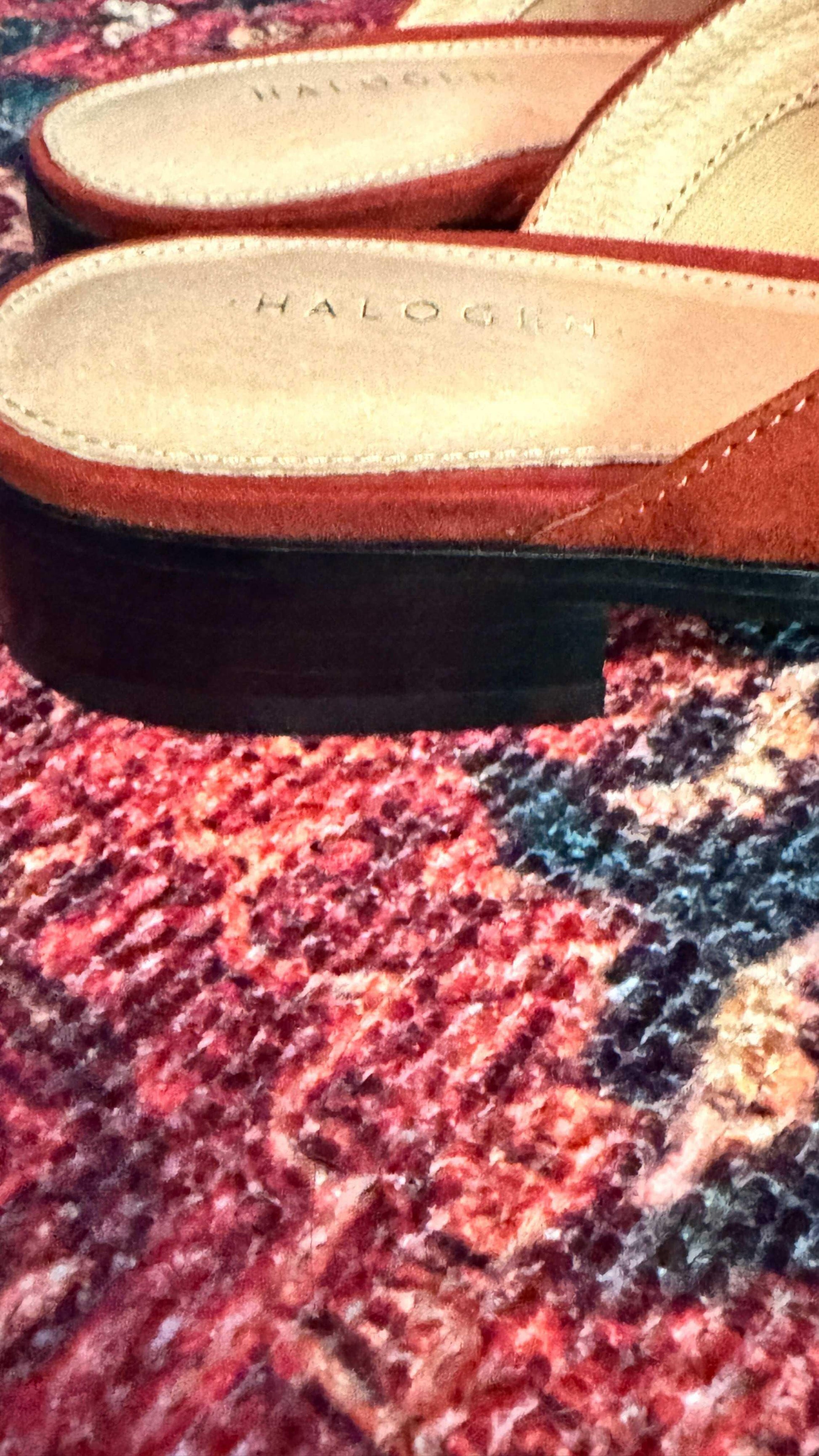 Halogen suede sandals with low heel on colorful textured rug