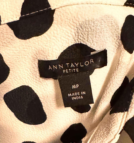 Ann Taylor Petite blouse label, black and white polka dot fabric, size MP, made in India