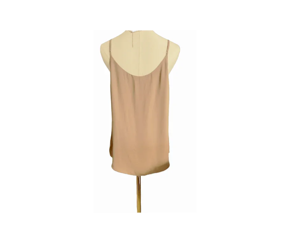 Babaton brown silk blouse with spaghetti straps displayed on a mannequin back view
