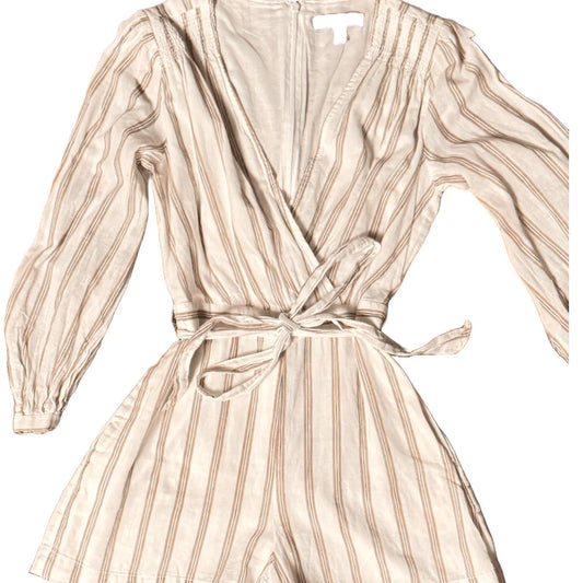 Banana Republic romper size 0, beige with vertical stripes, tie waist, long sleeves