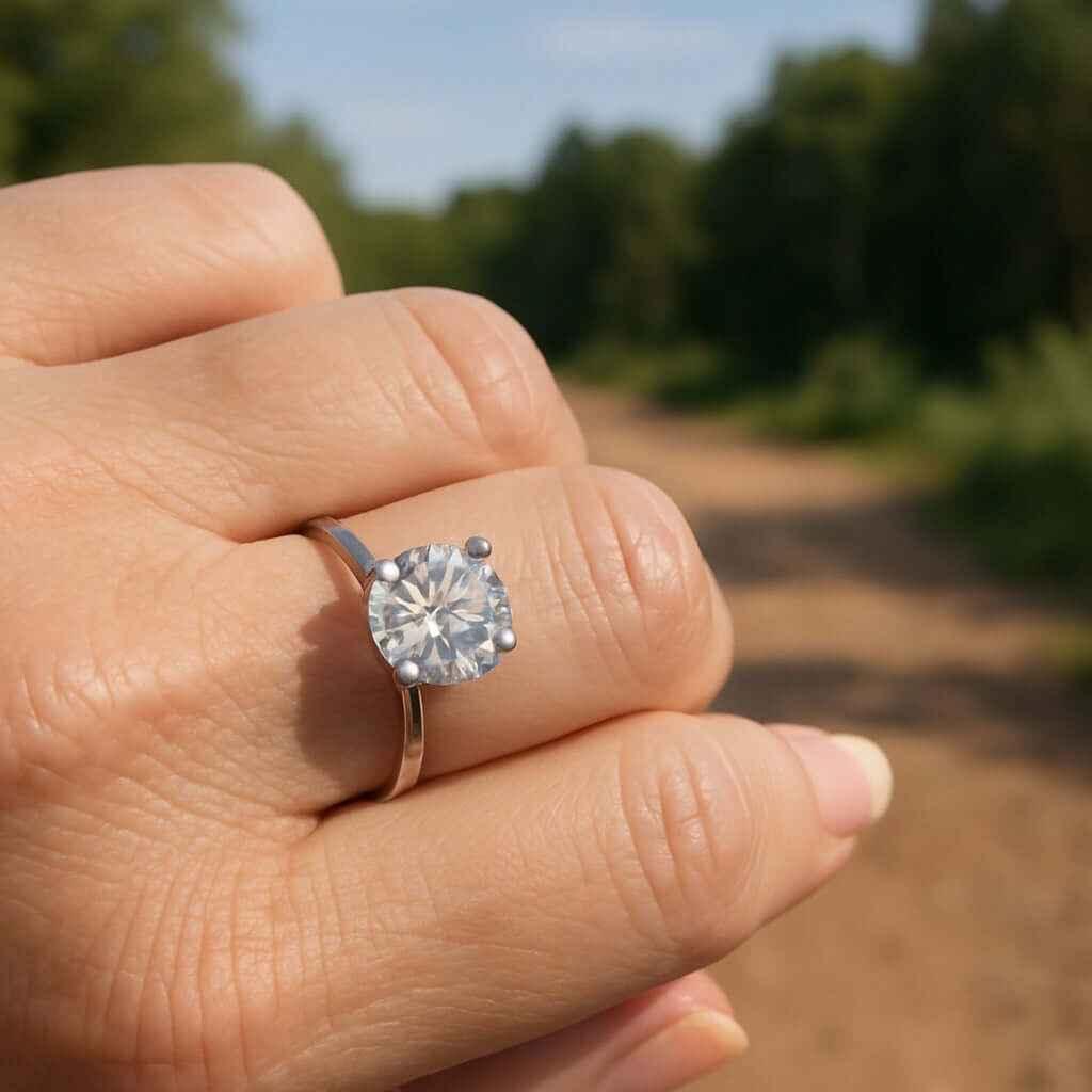 Hand wearing a round moissanite solitaire ring with sparkling gemstone outdoors