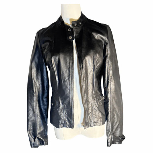 Black Mossimo faux leather bomber jacket with stand collar and silver snap buttons