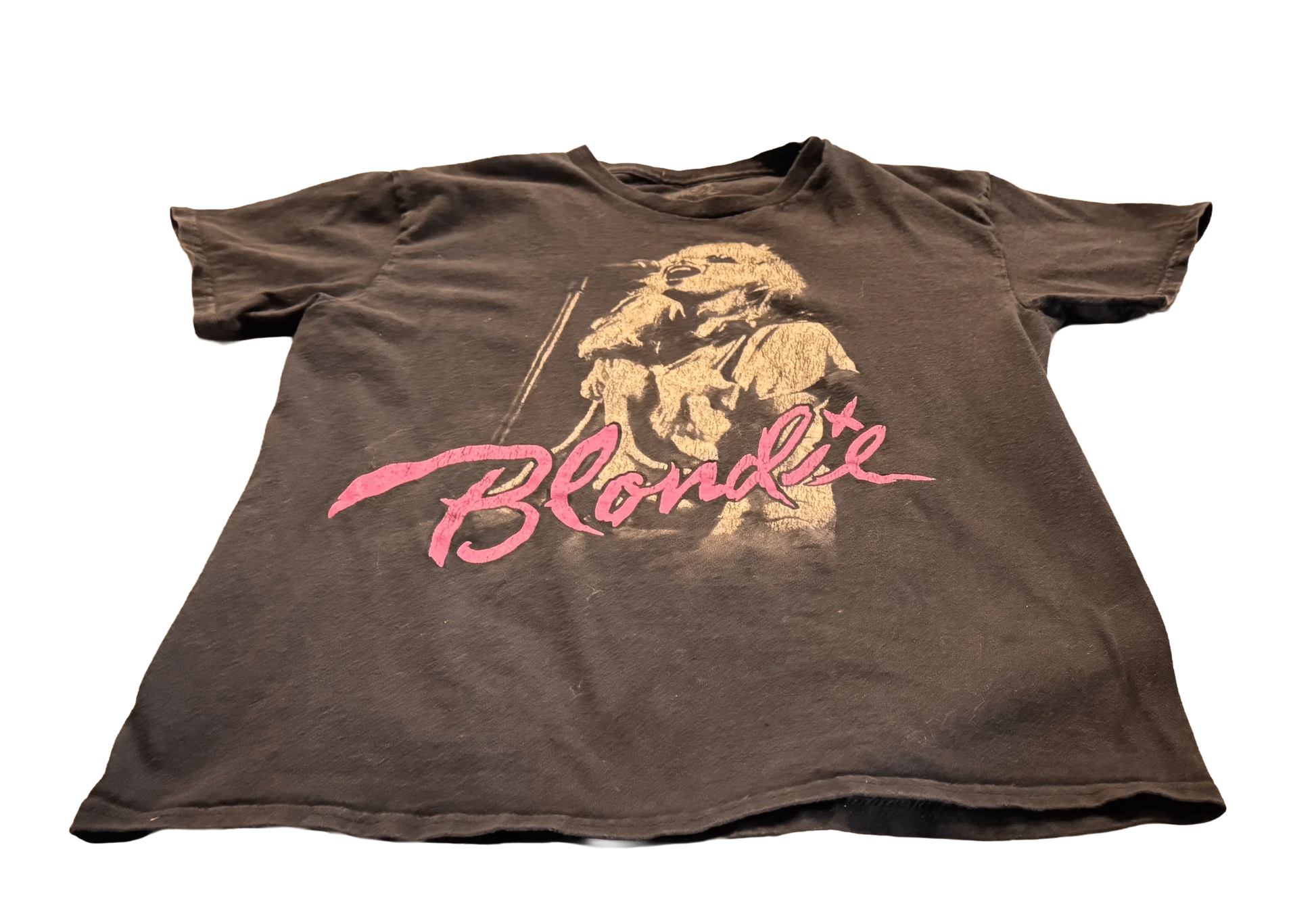 Black Blondie band t-shirt with pink logo and vintage singer graphic