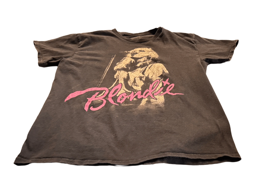 Black Blondie band t-shirt with pink logo and vintage singer graphic