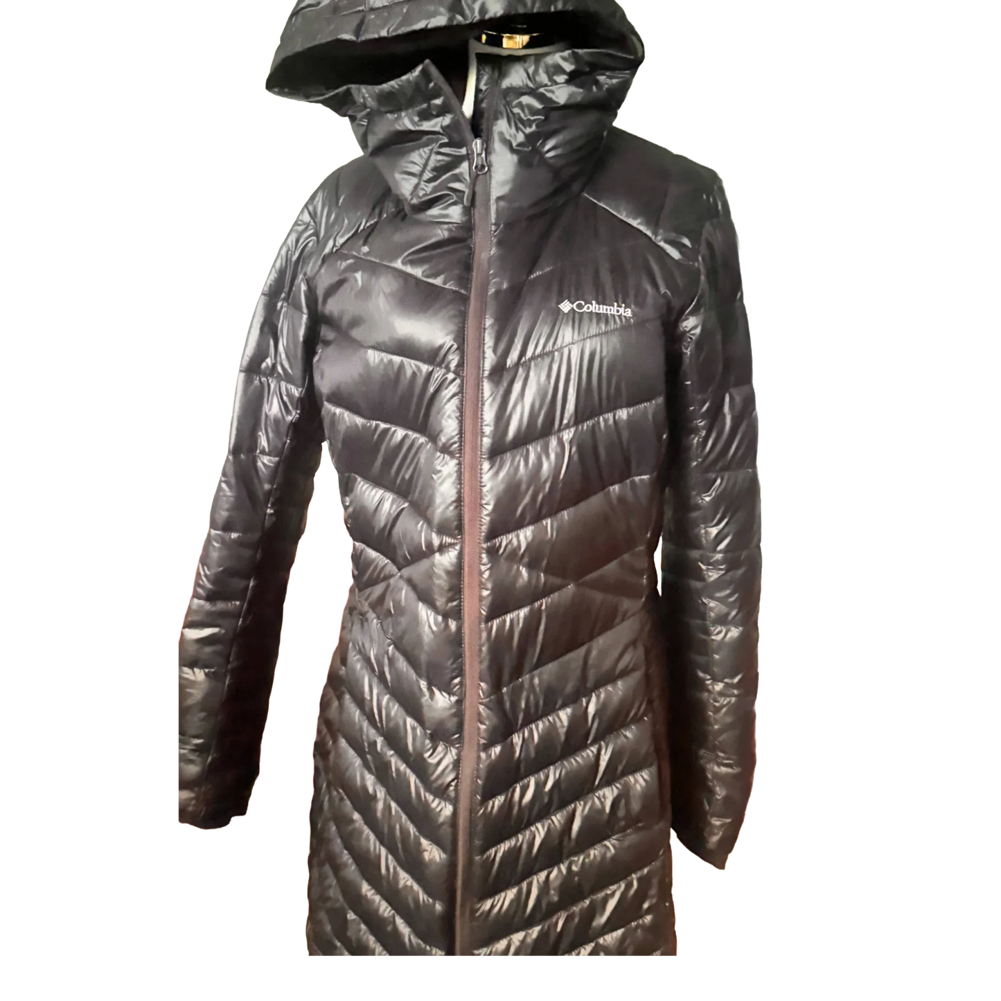 Columbia women's black long winter coat with hood and quilted design