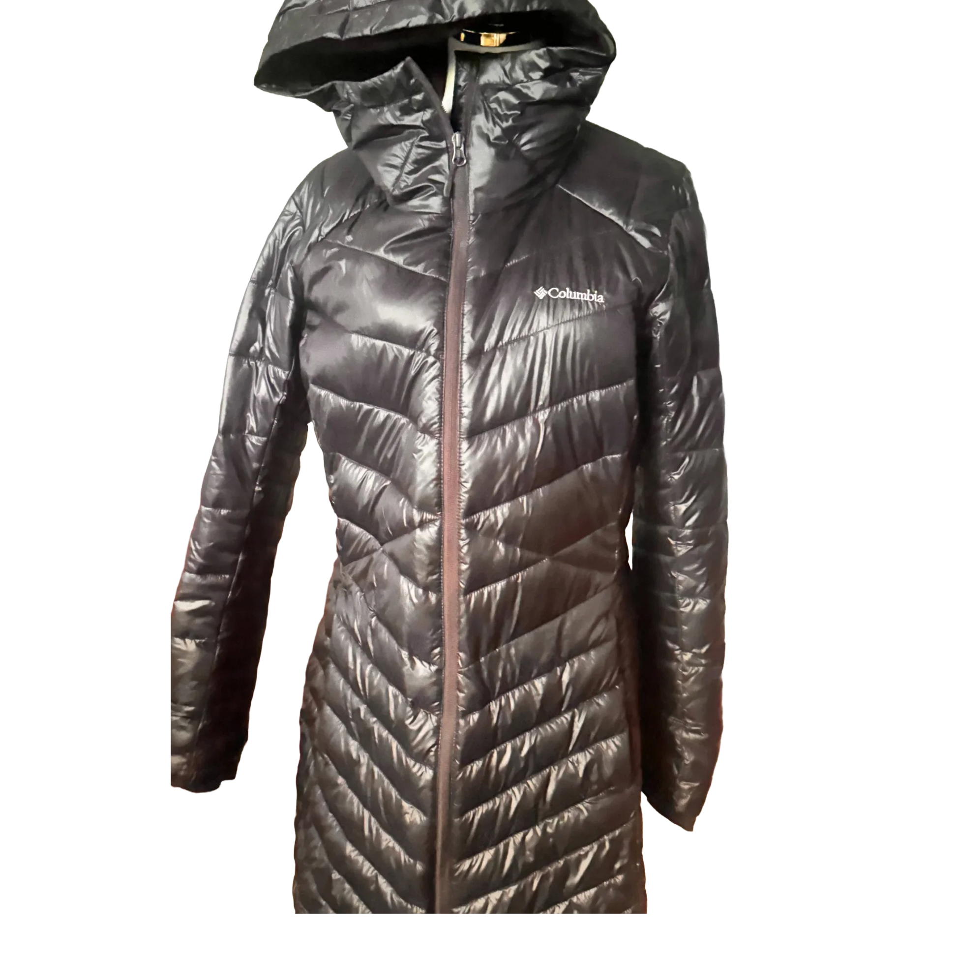 Columbia women's black long winter coat with hood and quilted design