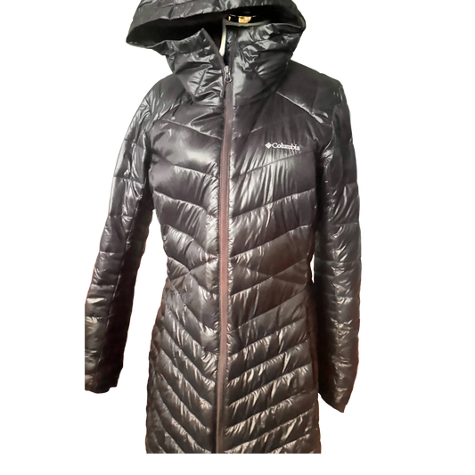 Columbia women's black long winter coat with hood and quilted design