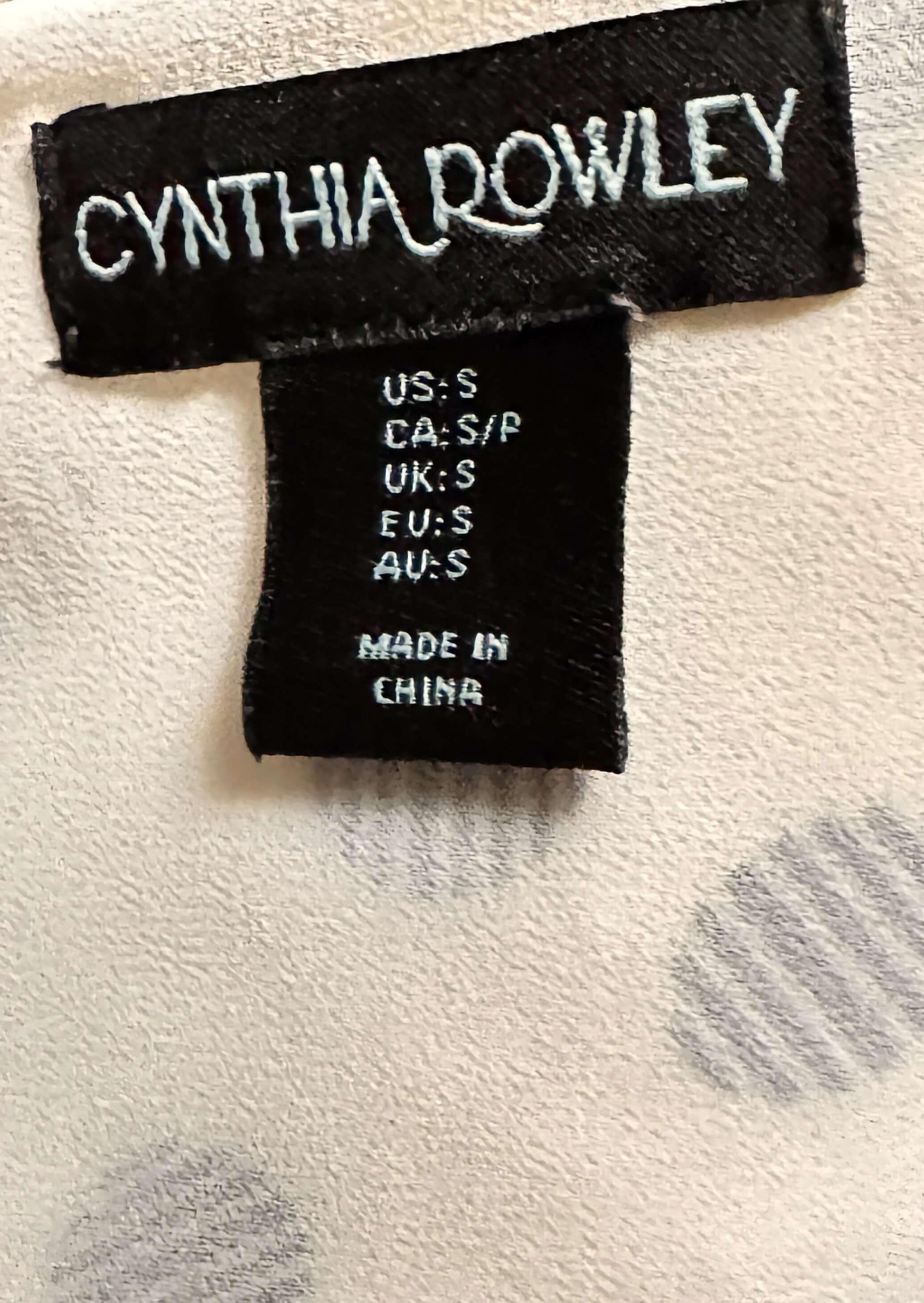Cynthia Rowley black garment label showing size small and made in China on fabric