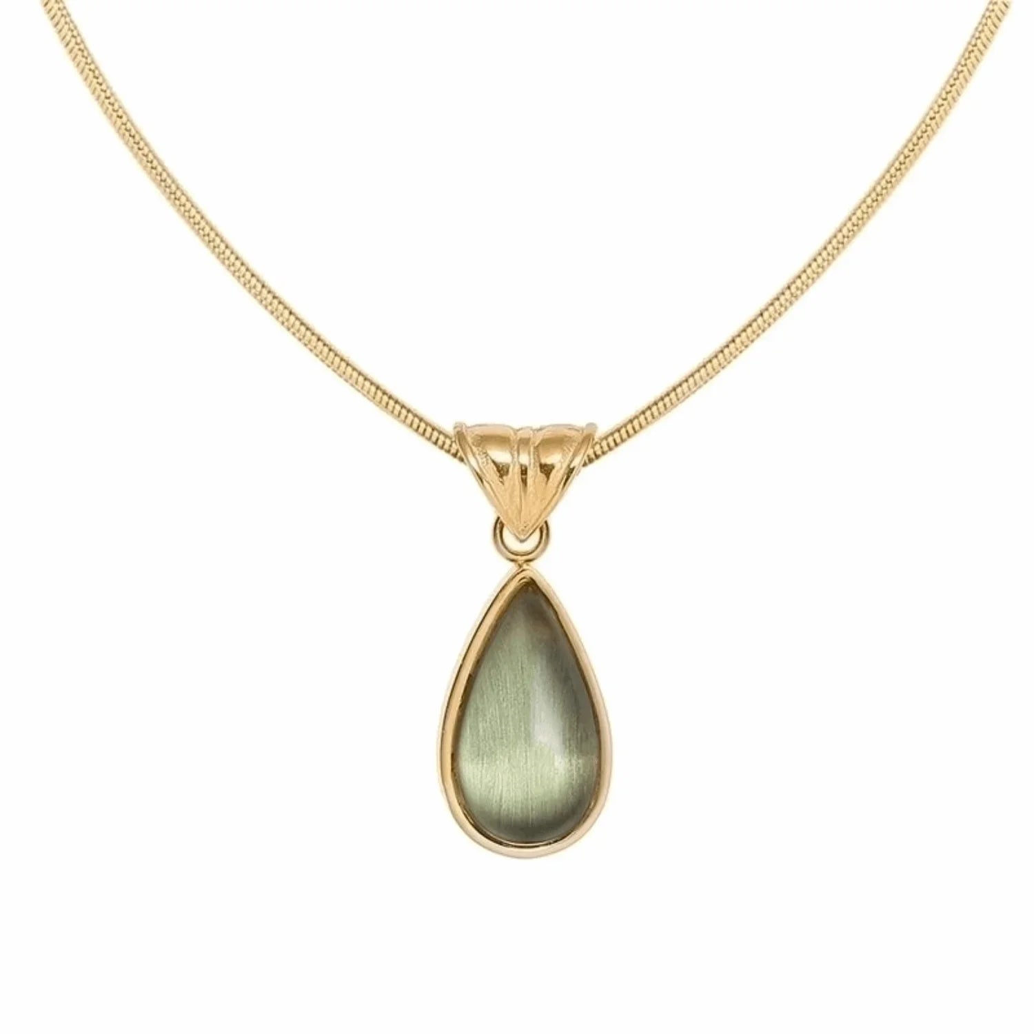 Elegant gold necklace with green water drop-shaped pendant on white background