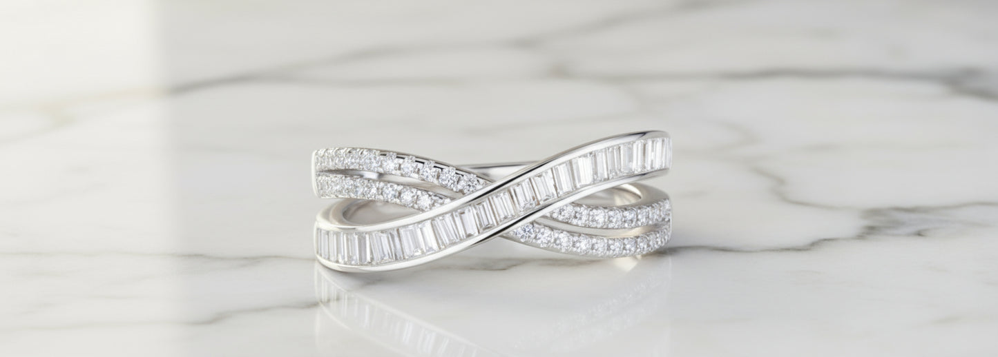 Moissanite 925 Sterling Silver Platinum Crossover Baguette&Round Cut 0.28684 Carat