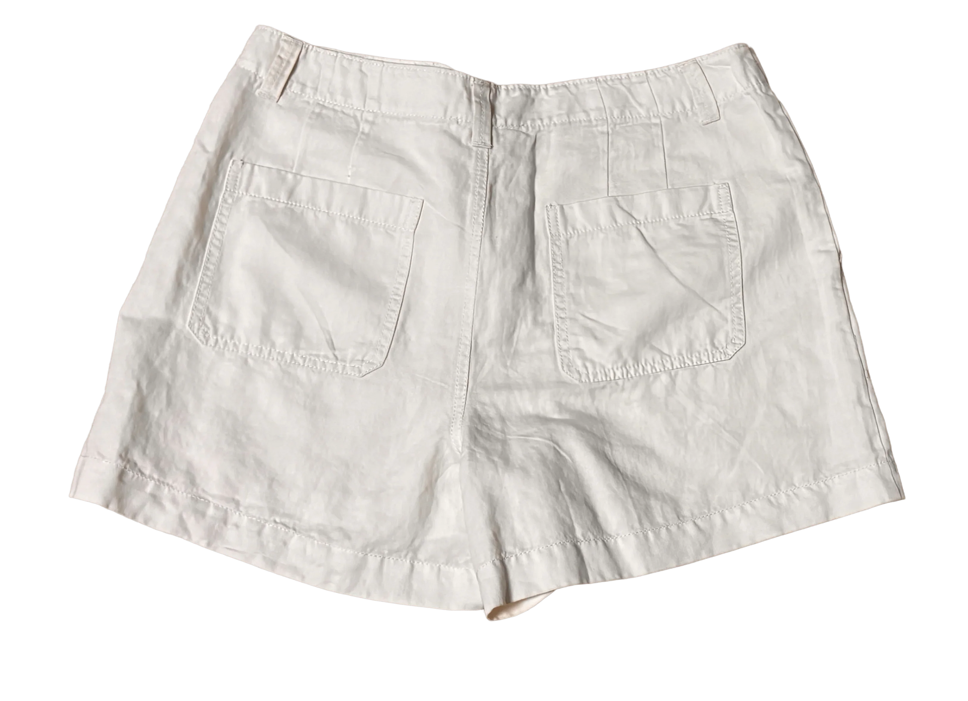 White linen shorts with back pockets, casual women's summer clothing on black background