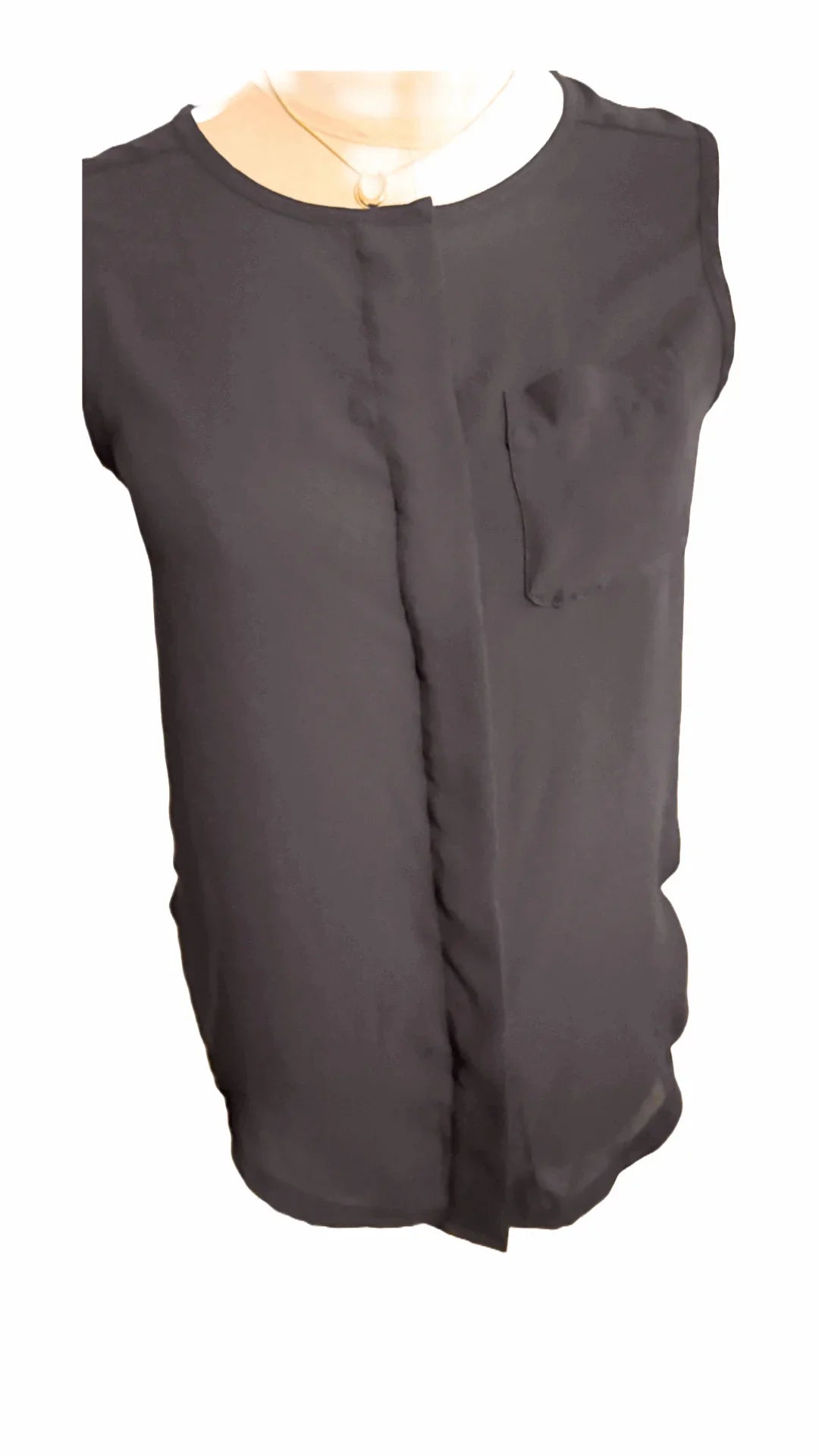 Loft navy silk sleeveless blouse with front pocket on mannequin