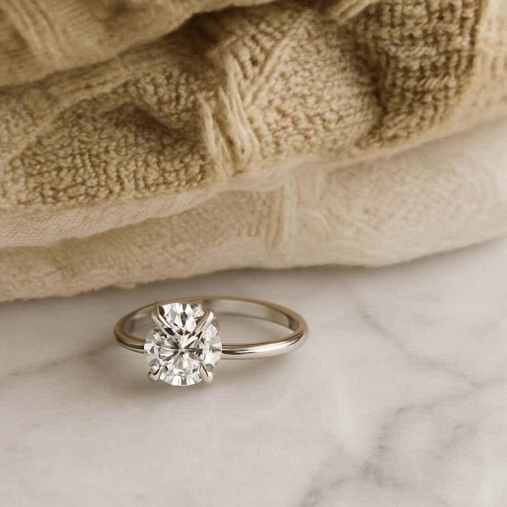 Moissanite engagement ring with round solitaire stone on marble surface near beige towels