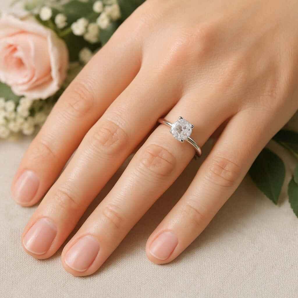 Moissanite solitaire engagement ring on hand with pink rose and greenery
