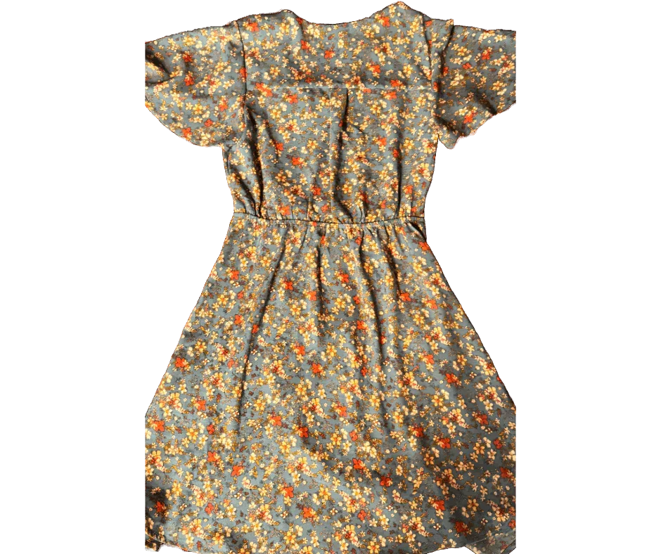 Green floral dress with short sleeves and orange yellow flower pattern, laid flat