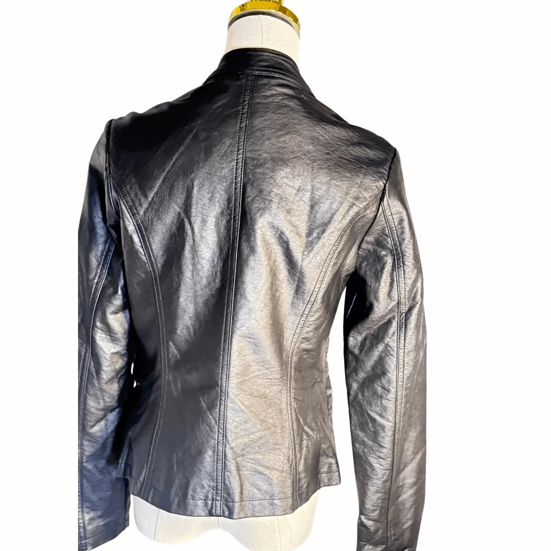 Back view of Mossimo black bomber leather jacket on mannequin, white background