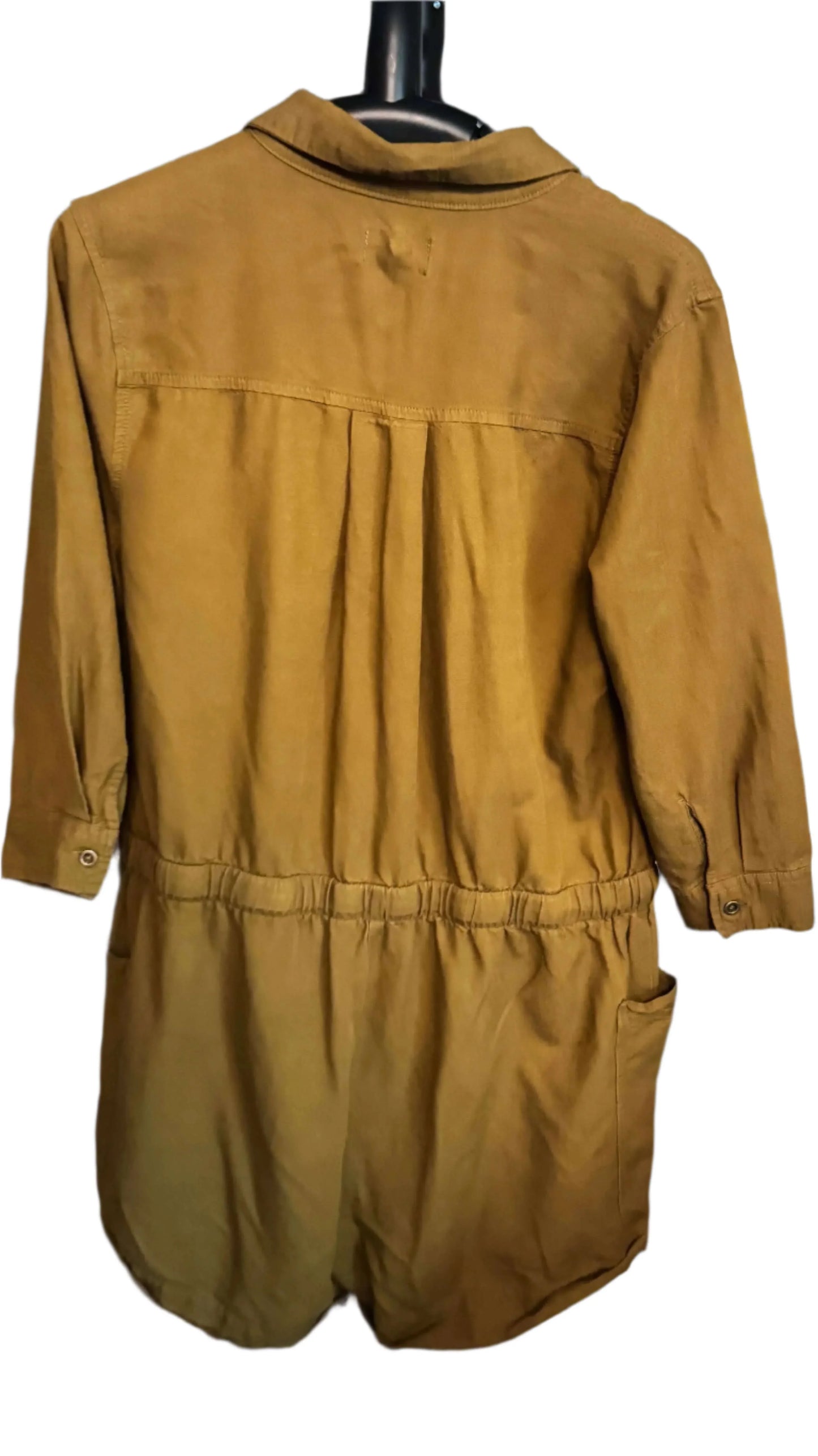 Back view of brown Old Navy long sleeve jumper with elastic waist and pocket, on hanger