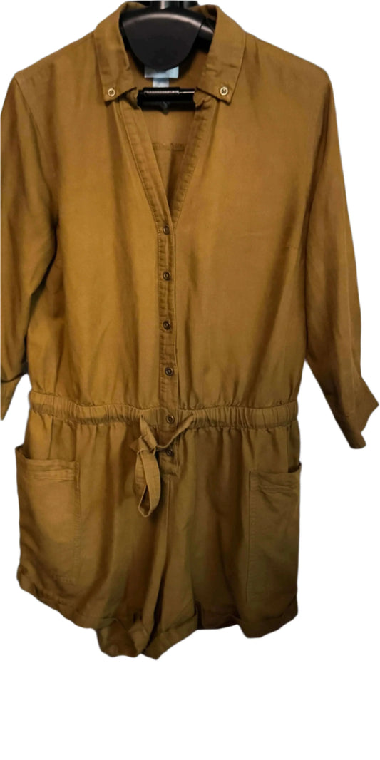 Brown secondhand button-front jumper with drawstring waist, long sleeves, and front pockets