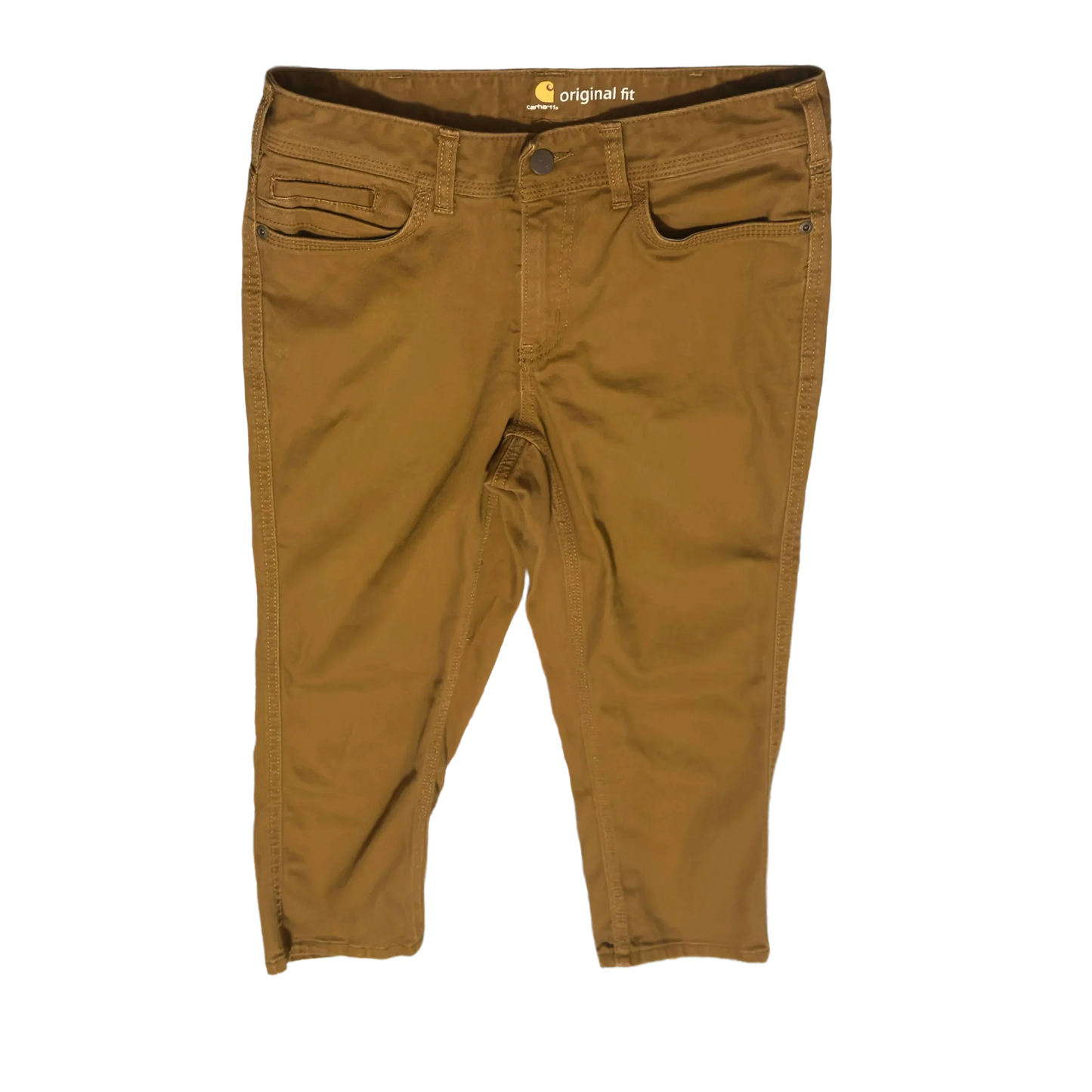 Carhartt original fit brown work pants with front pockets on black background