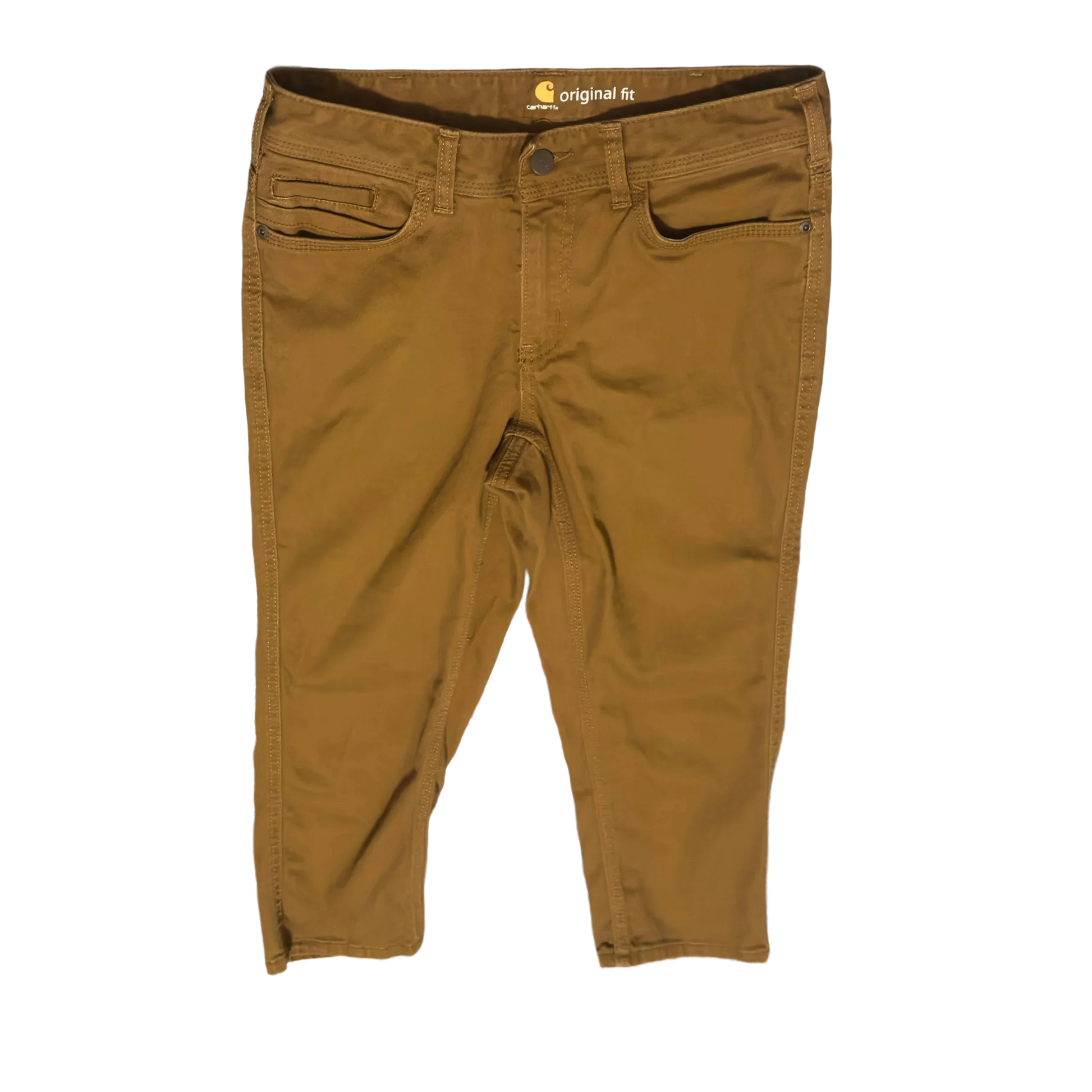Carhartt original fit brown work pants with front pockets on black background