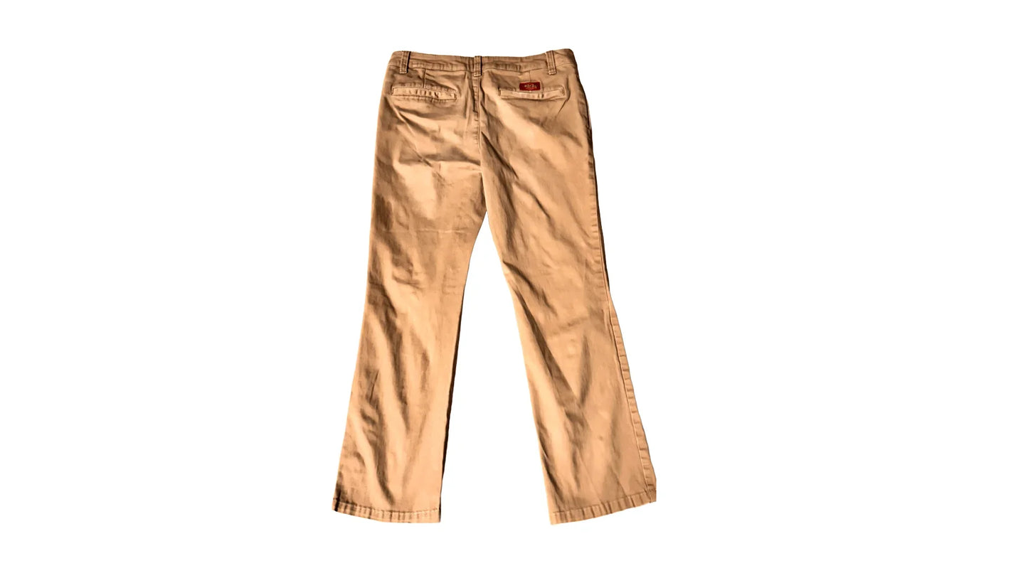 Beige khaki pants laid flat, rear view, featuring back pockets and brand label