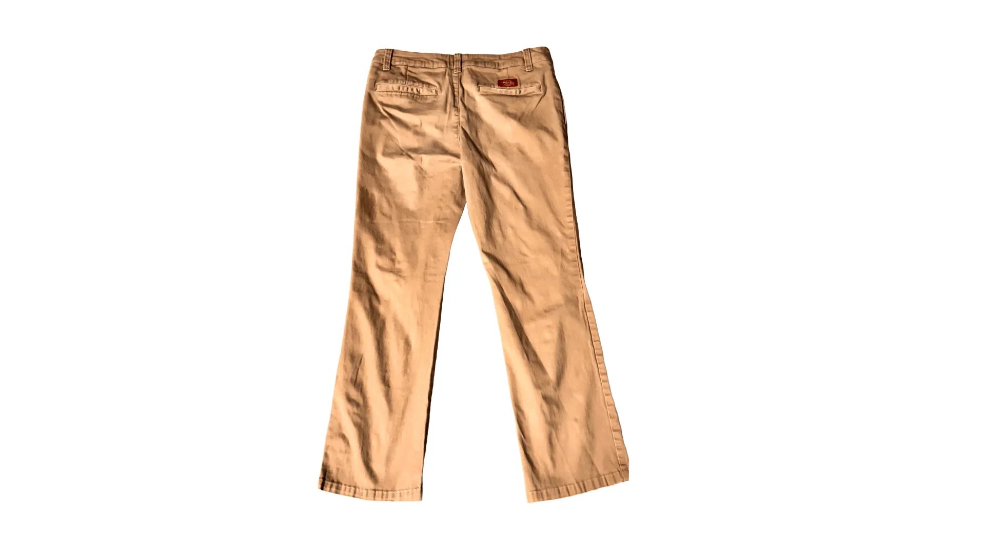 Beige khaki pants laid flat, rear view, featuring back pockets and brand label