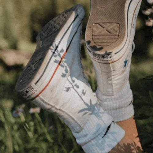 White Converse sneakers and socks with plant shadows outdoors in the grass