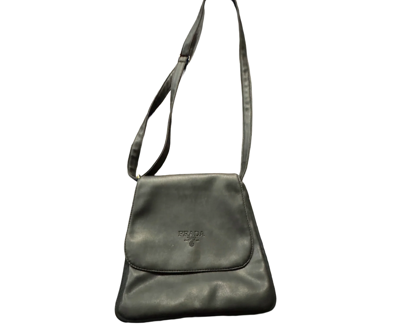 Black Prada leather shoulder bag with adjustable strap on a plain background