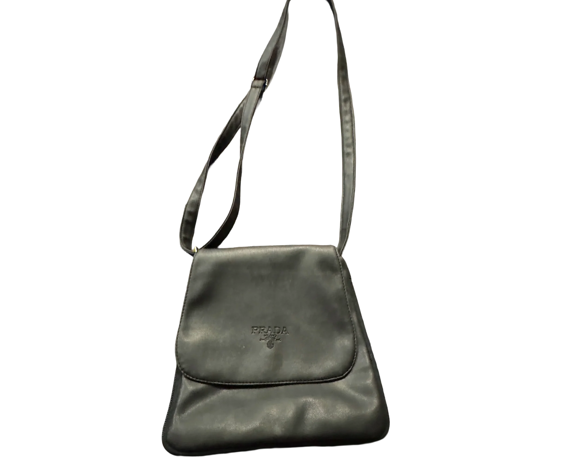 Black Prada leather shoulder bag with adjustable strap on a plain background