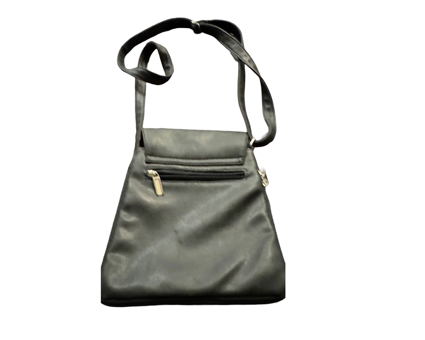Black leather crossbody bag with front zipper pocket and adjustable strap