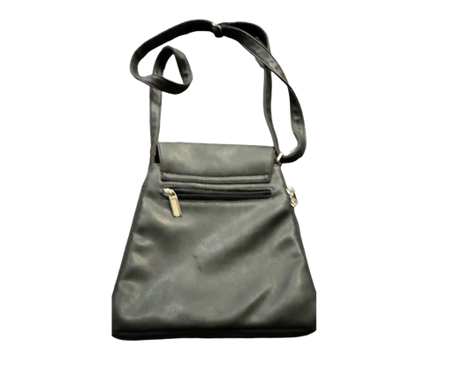 Black leather crossbody bag with front zipper pocket and adjustable strap