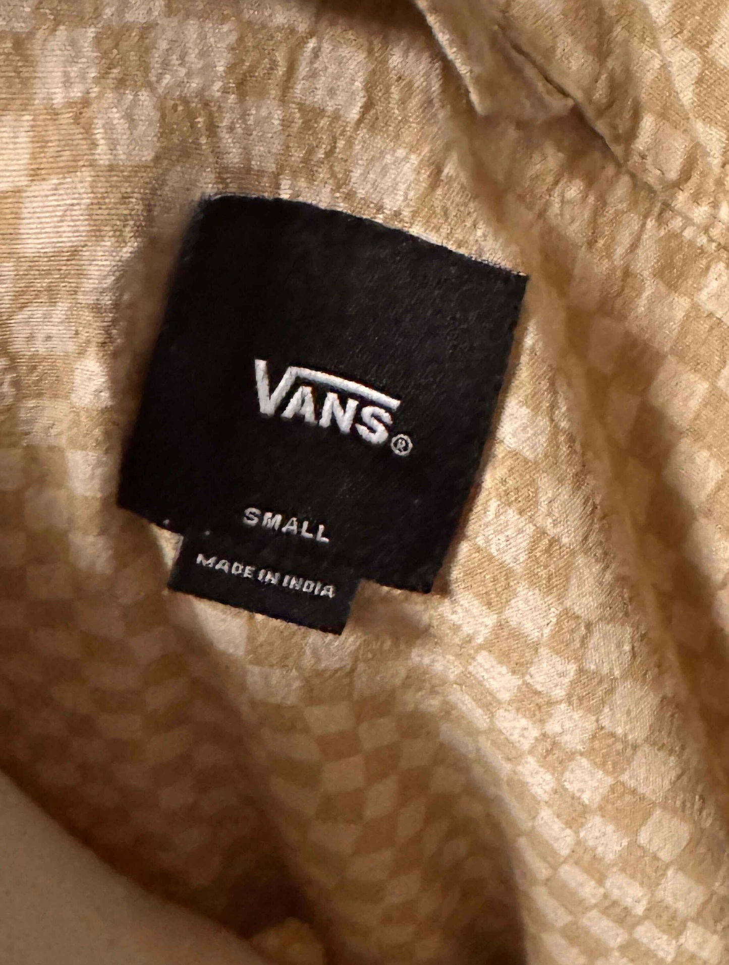 Vans beige checkered shirt collar with black brand tag, size small, made in India